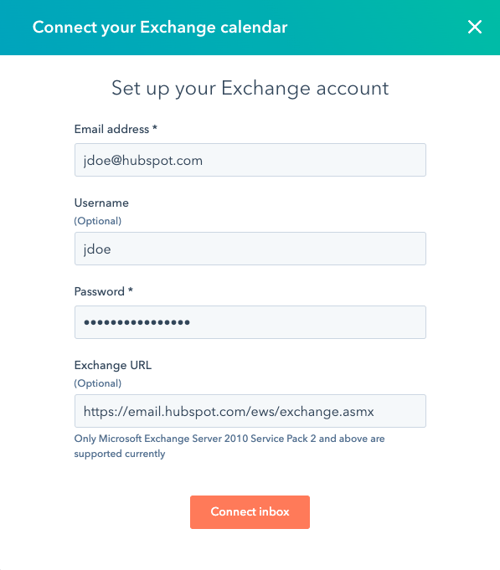 Cuadro de diálogo para ingresar los datos de la cuenta del servidor de Exchange